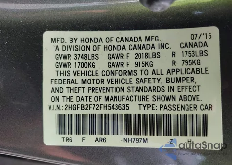 2015 Honda Civic Se z USA, uszkodzony, nr VIN 2HGFB2F72FH543635